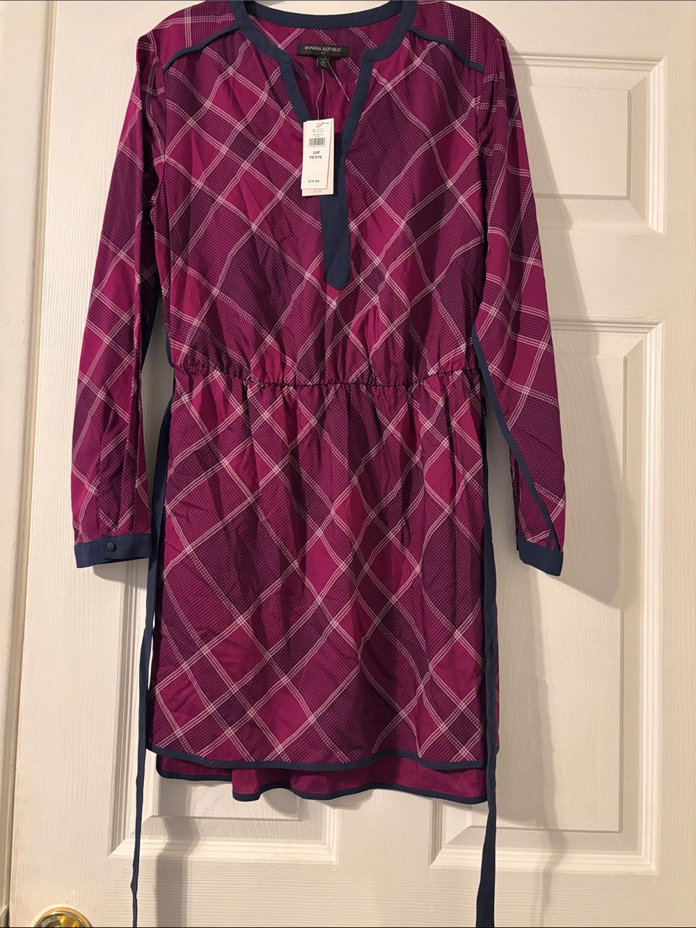 Banana Republic Magenta Plaid Long Sleeve Tunic Dress petite with Navy Trim 10P